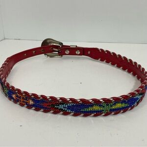 Circle Y Silver Laced Belt Unisex Red Southwestern  Western Braid Beaded Medium